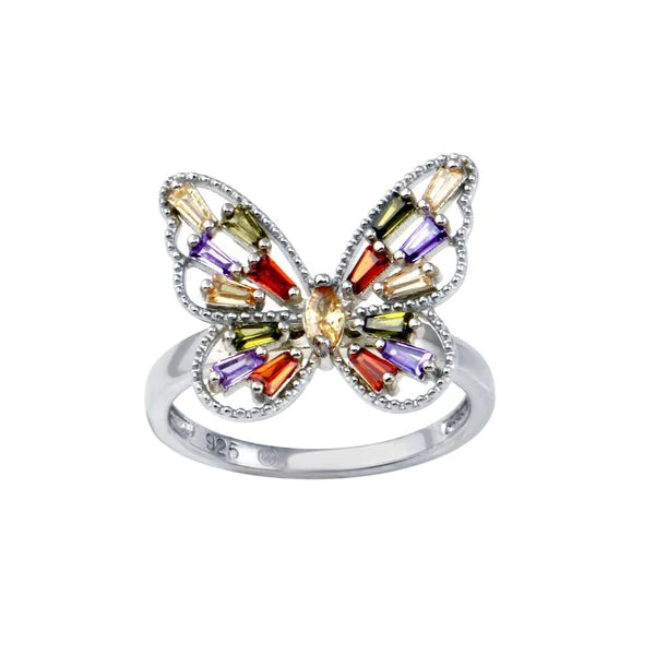 Women's rings rustic-charm-Silver 925 Rhodium Plated Multi Color Baguette CZ Butterfly Ring