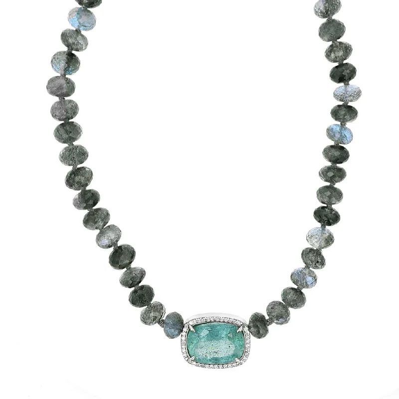 Women's necklaces gala-glow-Diamond Halo Moss Aquamarine Gemstone Pendant Beaded Necklace-18"  N0003149