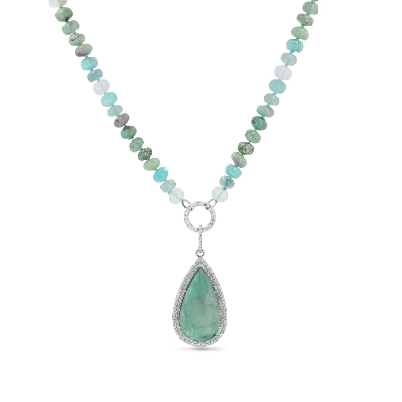 Women's necklaces luminous-gem-Emerald & Diamond Teardrop Pendant on Mixed Green Bead Necklace - 17"  N0003465