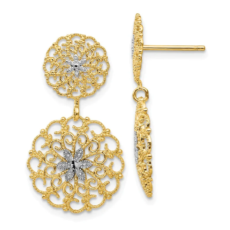 Women's earrings sleek-chain-Filigree Medallion Drop Earrings in 14k Yellow Gold and Rhodium