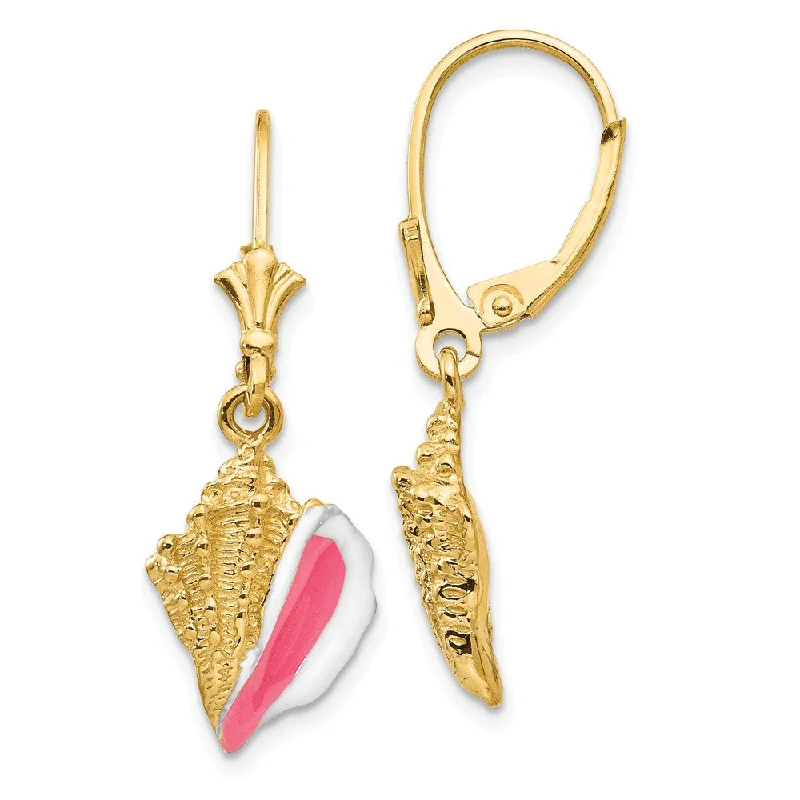 Women's earrings sleek-bar-Pink & White Enameled Conch Shell Dangle Earrings in 14k Yellow Gold