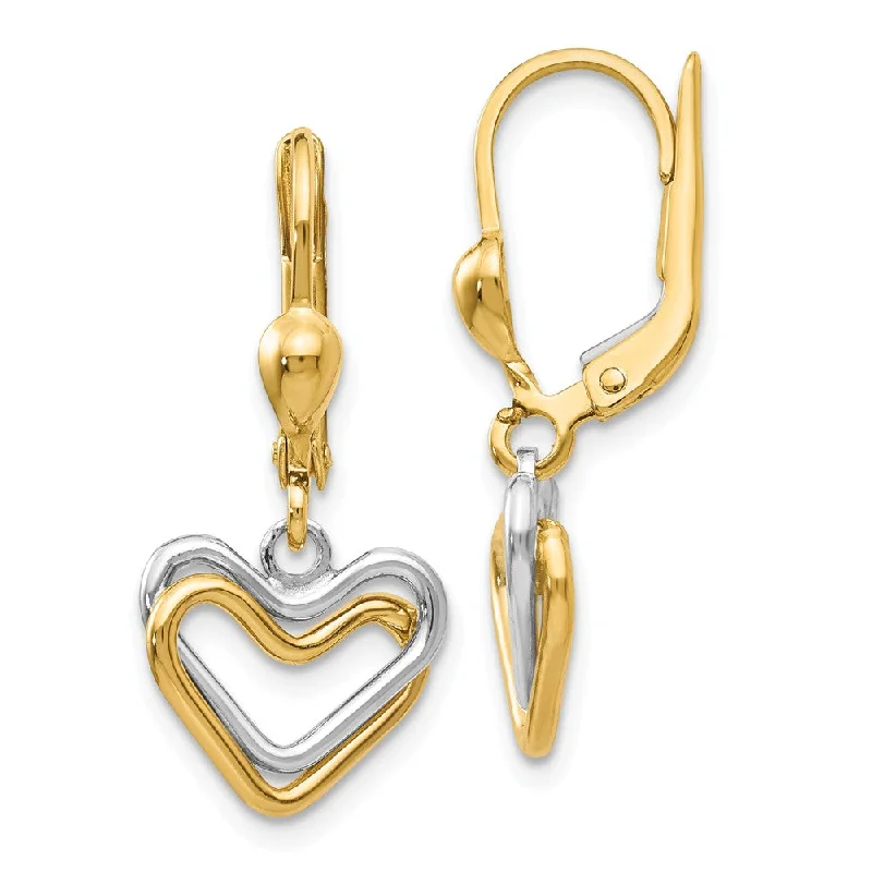 Women's earrings small-gem-Two Tone Double Heart Lever Back Earrings in 14k Gold