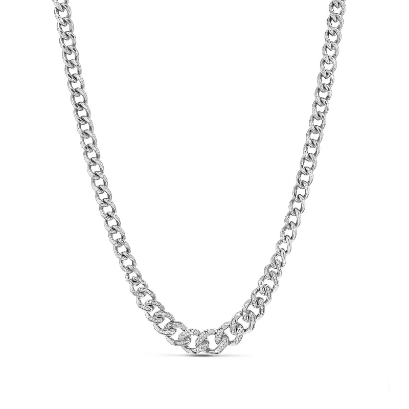 Women's necklaces coral-blush-Tapered Cuban Link Chain Necklace with Pave Diamonds - 17"  N0002971