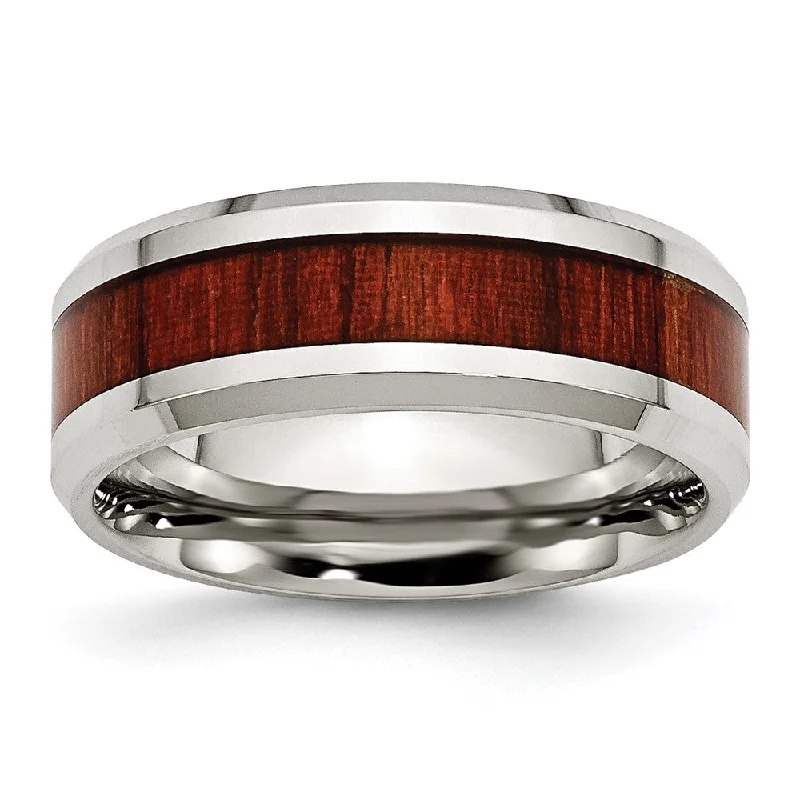 Women's rings tribal-chic-Men's 8mm Stainless Steel Red Koa Wood Enamel Beveled Comfort Fit Band