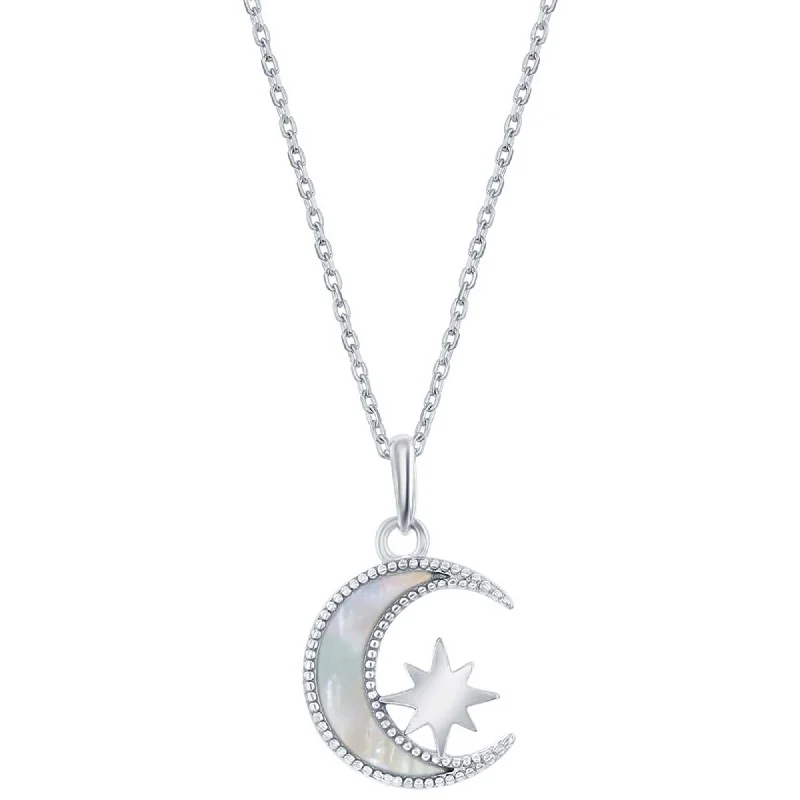 Women's necklaces floral-gold-Classic Women's Necklace - Sterling Silver White MOP Crescent Moon with Star | M-6800