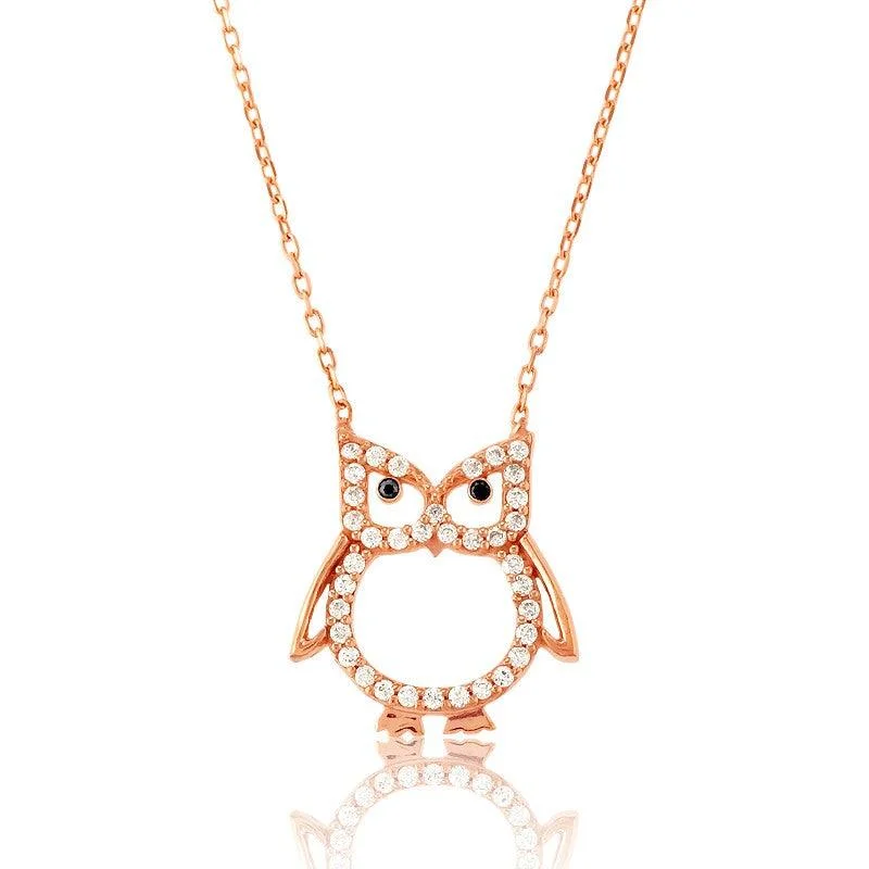 Women's necklaces hand-sculpted-Sterling Silver Rose Gold CZ Open Owl Necklace