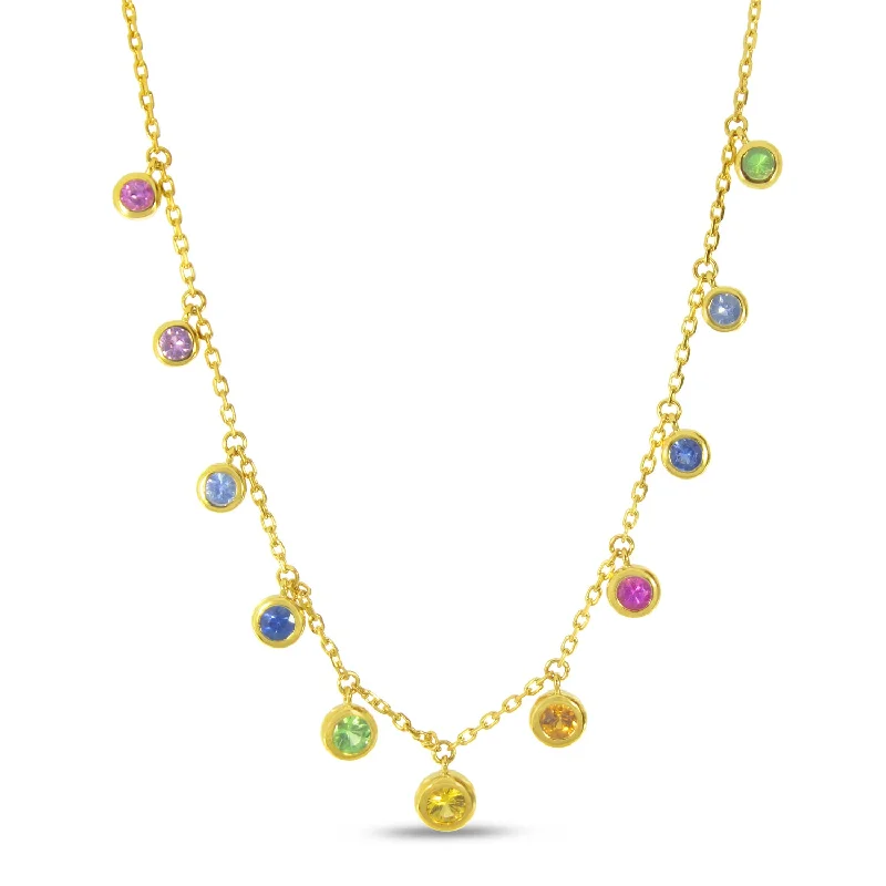 Women's necklaces romantic-hue-14K Yellow Gold Bezel Set Dangling Rainbow Sapphires Necklace P4549-18