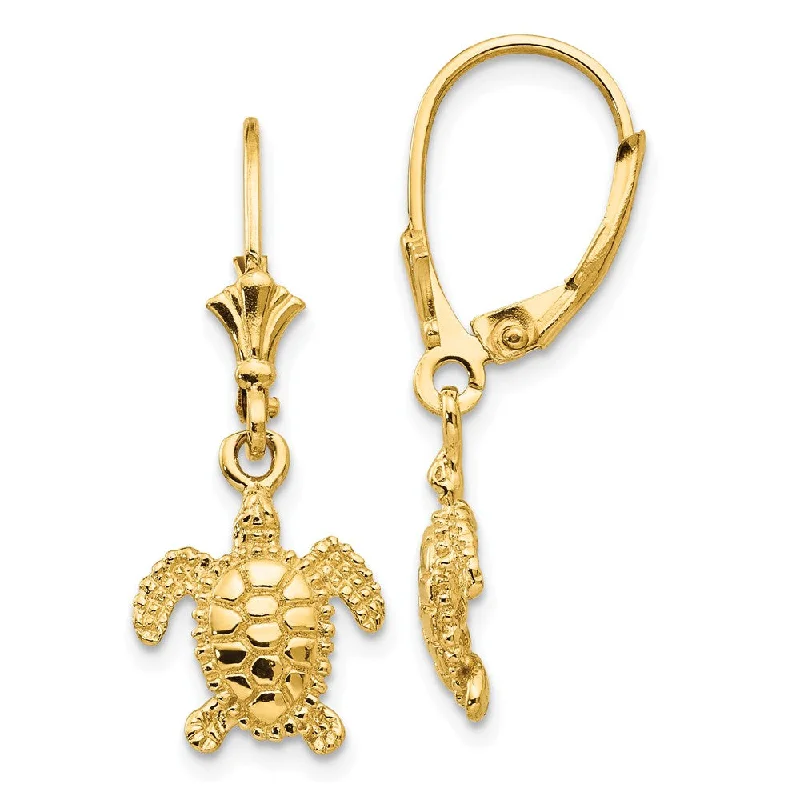 Women's earrings tiny-gold-11mm Textured Sea Turtle Lever Back Earrings in 14k Yellow Gold