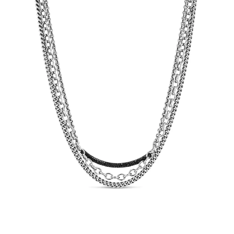 Women's necklaces shimmering-blush-Triple Chain Necklace with Black Diamond Smile Bar  N0002516