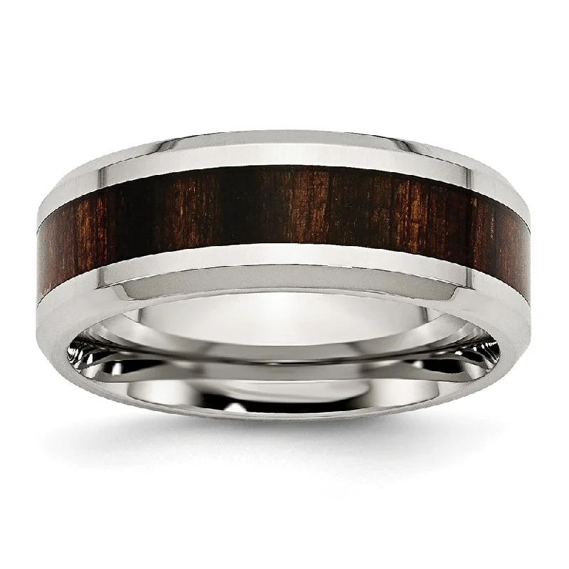 Women's rings snug-fit-Men's 8mm Stainless Steel Blk Koa Wood Enamel Beveled Comfort Fit Band