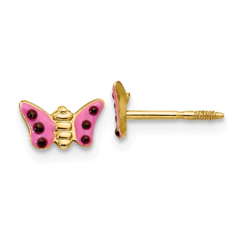 Women's earrings subtle-bar-Kids Pink Enameled Butterfly Post Earrings in 14k Yellow Gold