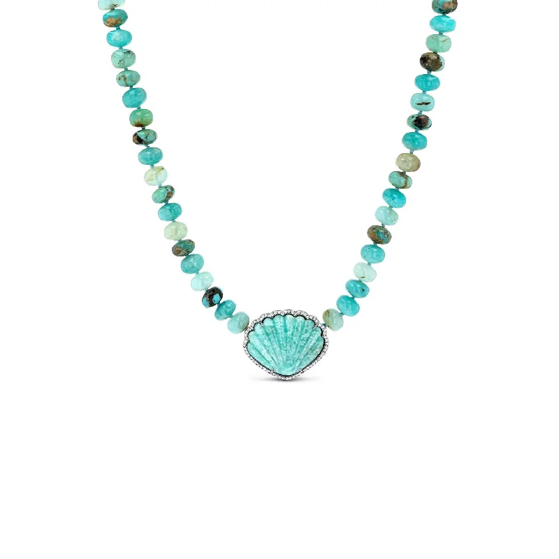 Women's necklaces festive-gem-Amazonite Shell Pendant on Blue Mix Knotted Necklace - 16"  N0002994