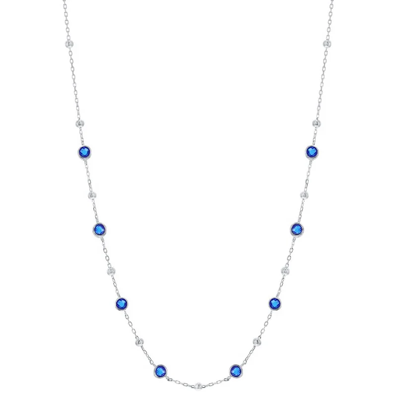 Women's necklaces lilac-gem-Classic Women's Necklace - Silver Bezel Set Sapphire CZ and Bead Station | M-7075-16