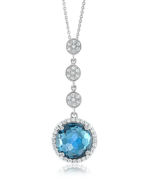 Women's necklaces luminous-stone-Blue Topaz Round Necklace with Triple Disc Bail and Diamonds 322-JSA