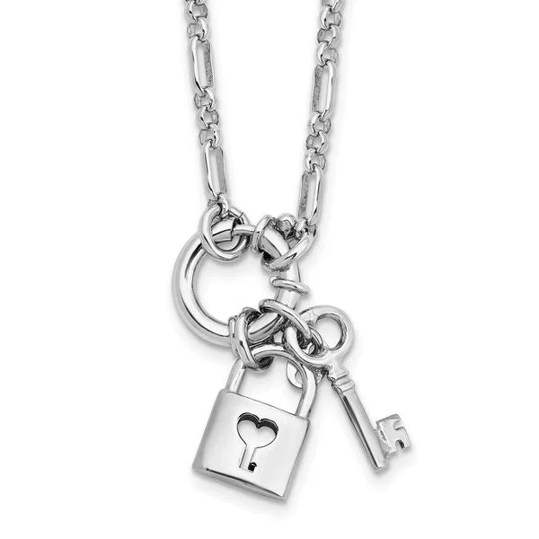 Women's necklaces artisan-charm-Sterling Silver Rhodium-plated Polished Lock and Key Necklace