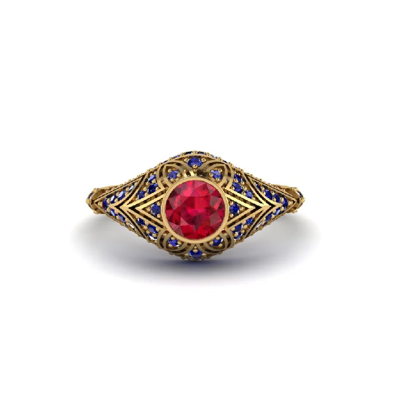 Women's engagement rings slender-shank-Ruby Bezel Vintage Filigree Engagement Ring - Kendall No. 70