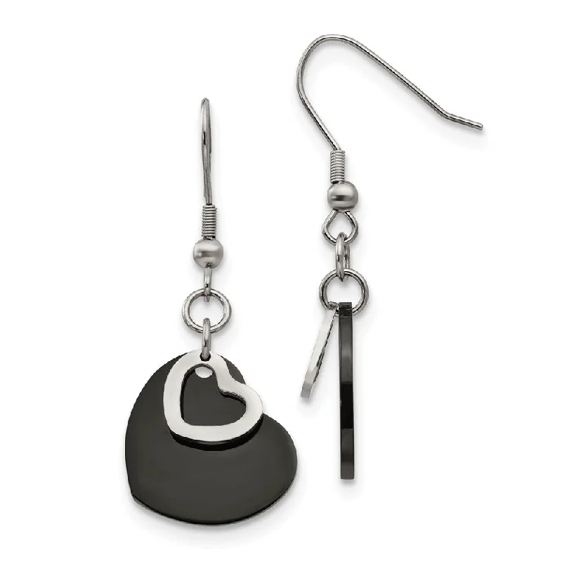 Women's earrings polished-stud-19mm Black Plated Double Heart Dangle Earrings in Stainless Steel