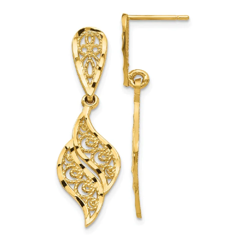 Women's earrings sleek-stud-Diamond Cut Filigree Swirl Dangle Post Earrings in 14k Yellow Gold