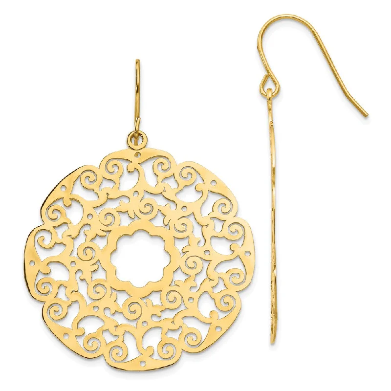 Women's earrings micro-pearl-Open Lace Circle Dangle Earrings in 14k Yellow Gold