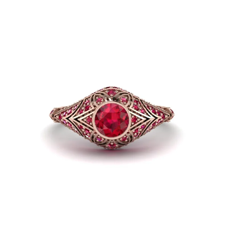 Women's engagement rings whimsical-diamond-Ruby Bezel Vintage Filigree Engagement Ring - Kendall No. 56