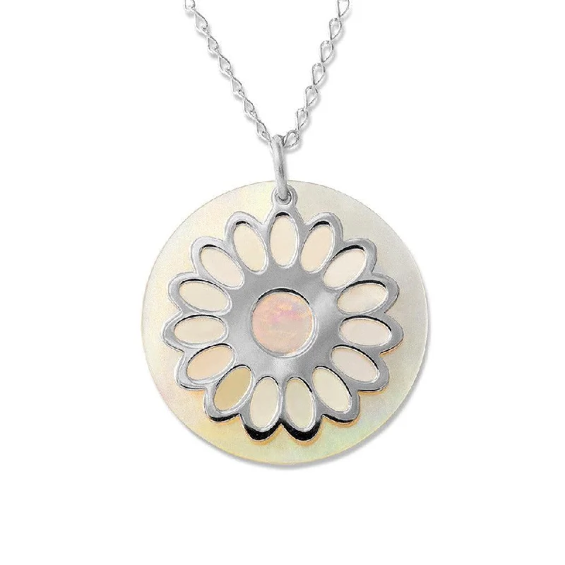 Women's necklaces rose-petal-Sterling Silver Open Daisy Round MOP Disc Necklace