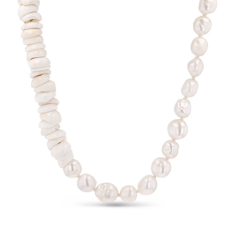 Women's necklaces delicate-gemstone-14K White Pearl and Puka Shell Knotted Necklace  NG002829