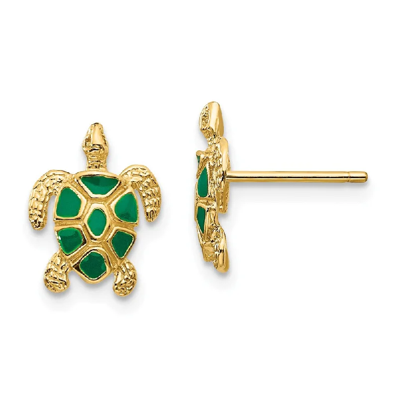 Women's earrings polished-silver-Small Green Enameled Sea Turtle Post Earrings in 14k Yellow Gold