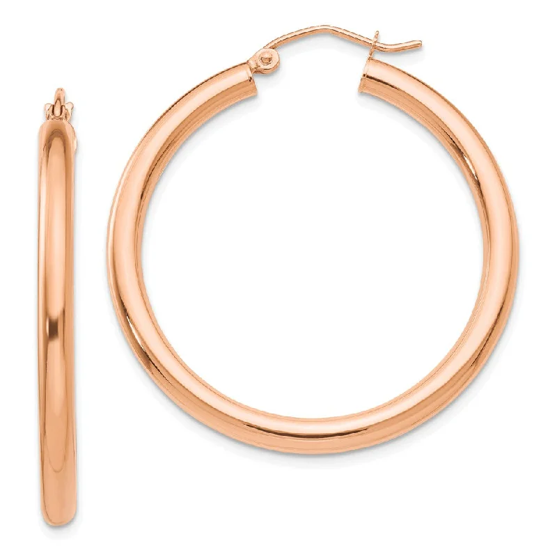 Women's earrings micro-gold-3mm, 14k Rose Gold Polished Round Hoop Earrings, 35mm (1 3/8 Inch)