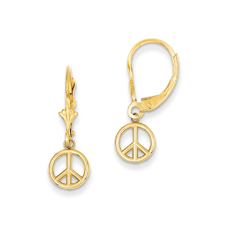 Women's earrings dainty-drop-8mm 3D Peace Sign Lever Back Earrings in 14k Yellow Gold