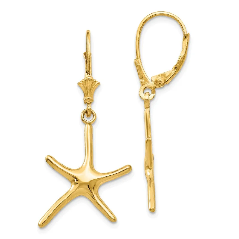 Women's earrings dainty-stud-Polished Pencil Starfish Lever Back Earrings in 14k Yellow Gold