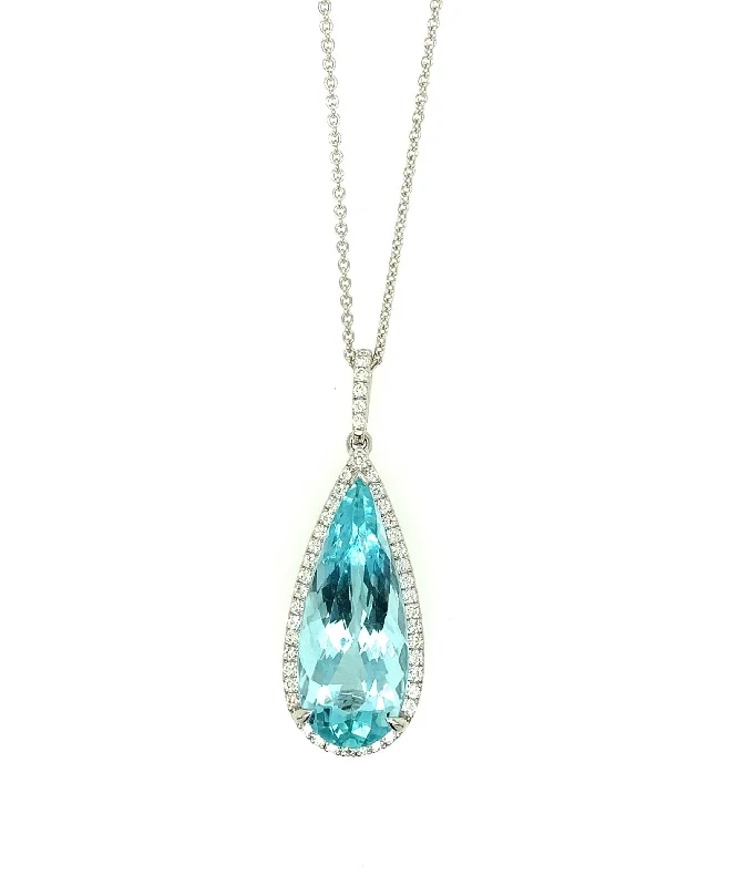 Women's necklaces glossy-gold-Pear Shaped Aquamarine Necklace with Diamonds 65-JSA