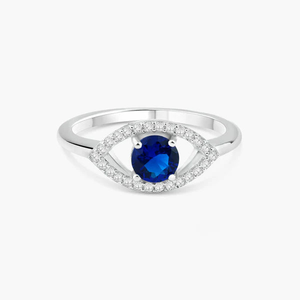 Women's rings nature-inspired-Rhodium Plated 925 Sterling Silver Open Evil Eye Ring with Blue Center Stones