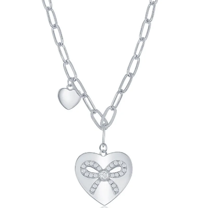 Women's necklaces delicate-gemstone-Classic Women's Necklace - Sterling Silver Heart with CZ Ribbon Paperclip | M-6664