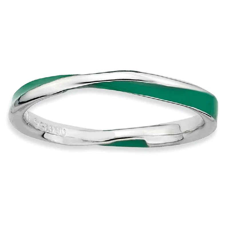 Women's rings bold-peach-2.5mm Silver Twisted Green Enameled Stackable Band