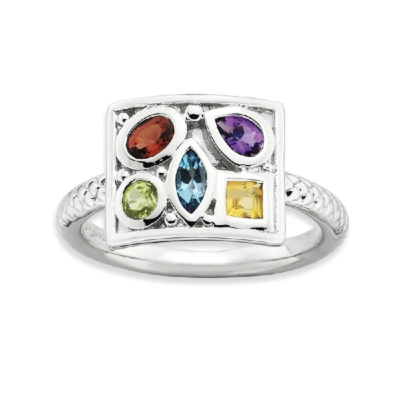 Women's rings carved-detail-Rhodium Plated Sterling Silver & Gemstone Stackable 10mm Collage Ring