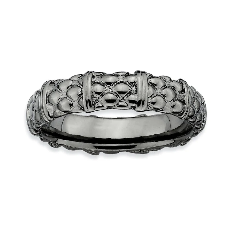 Women's rings vivid-detail-Black Plated Sterling Silver Stackable Divided Patterned 4.25mm Band