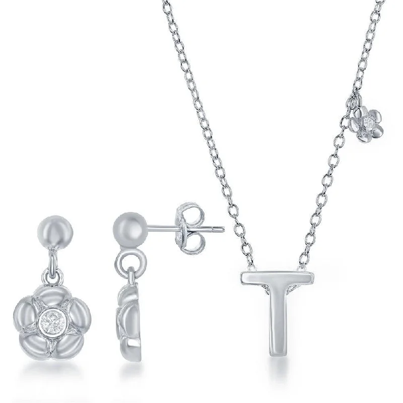 Women's necklaces gala-chic-Sterling Silver Shiny "T" Necklace and Earrings Set