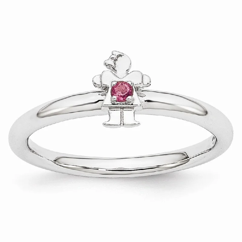 Women's rings onyx-gem-Rhodium Plated Sterling Silver Stackable Tourmaline 7mm Girl Ring