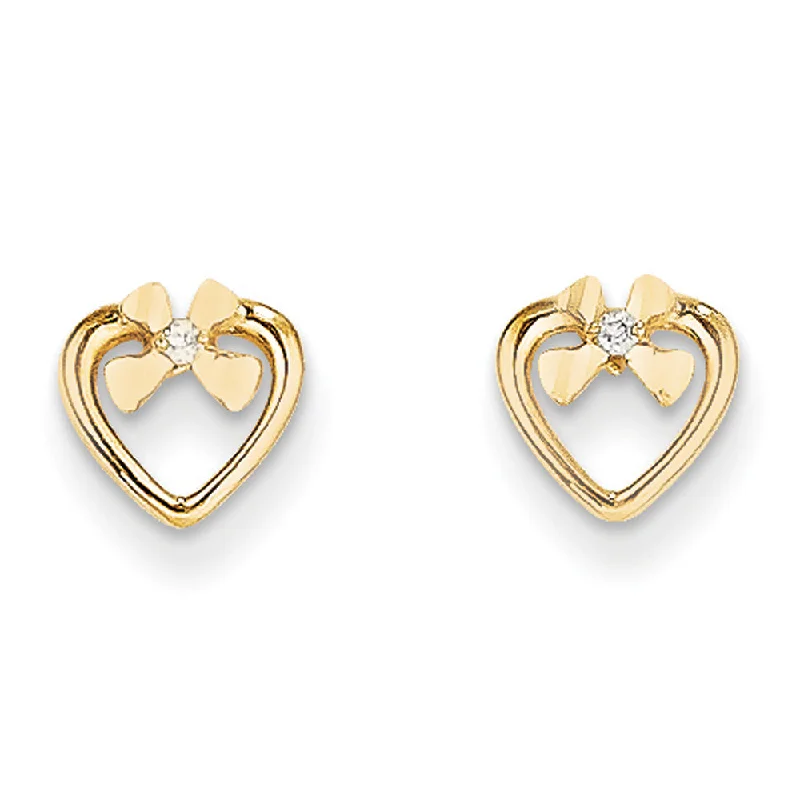 Women's earrings sleek-stud-Kids 7mm Heart and Cubic Zirconia Bow Post Earrings in 14k Yellow Gold