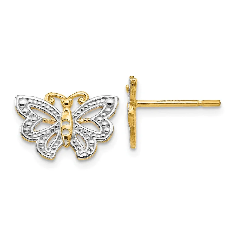 Women's earrings micro-silver-13mm Two Tone Butterfly Post Earrings in 14k Yellow Gold