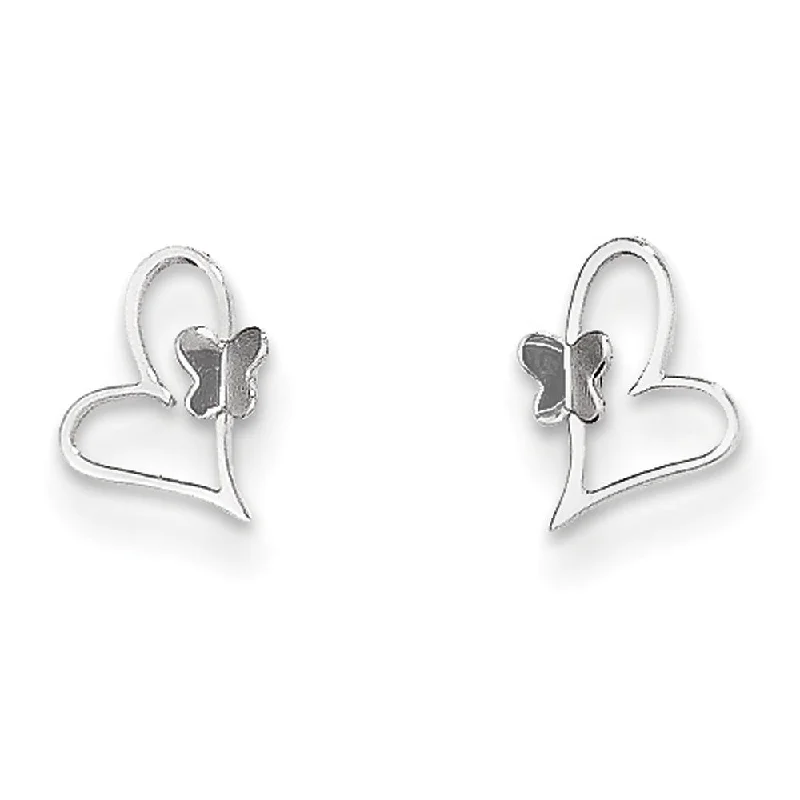 Women's earrings micro-pearl-Kids Small Heart and Butterfly Post Earrings in 14k White Gold