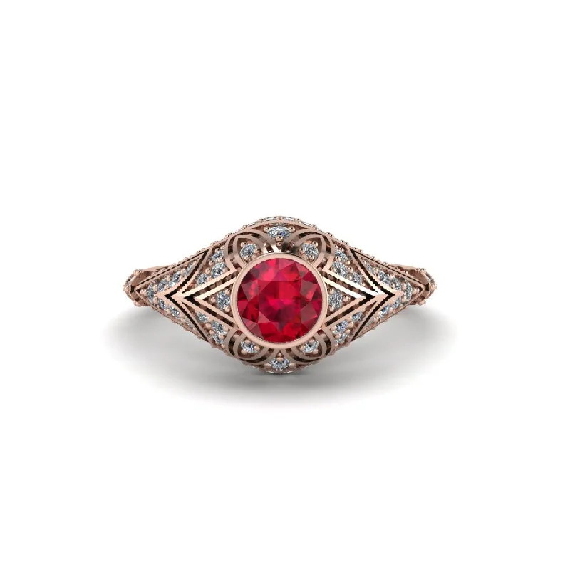 Women's engagement rings forever-radiance-Ruby Bezel Vintage Filigree Engagement Ring - Kendall No. 11