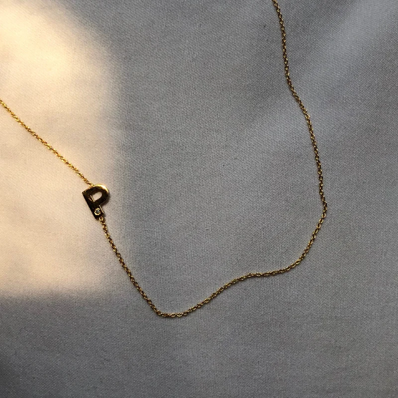 Women's necklaces delicate-stone-Slanted Initial with Diamond Necklace, Solid 18k Gold