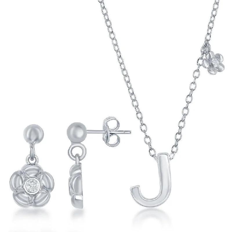 Women's necklaces luminous-gem-Sterling Silver Shiny "J" Necklace and Earrings Set