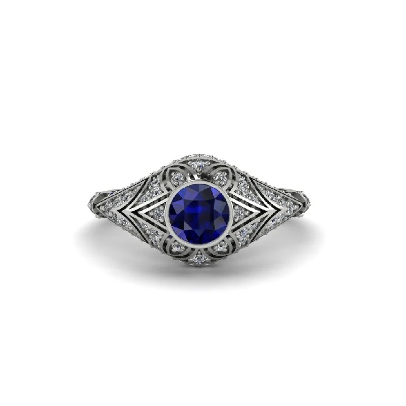 Women's engagement rings sleek-platinum-Sapphire Bezel Vintage Filigree Engagement Ring - Kendall No. 15