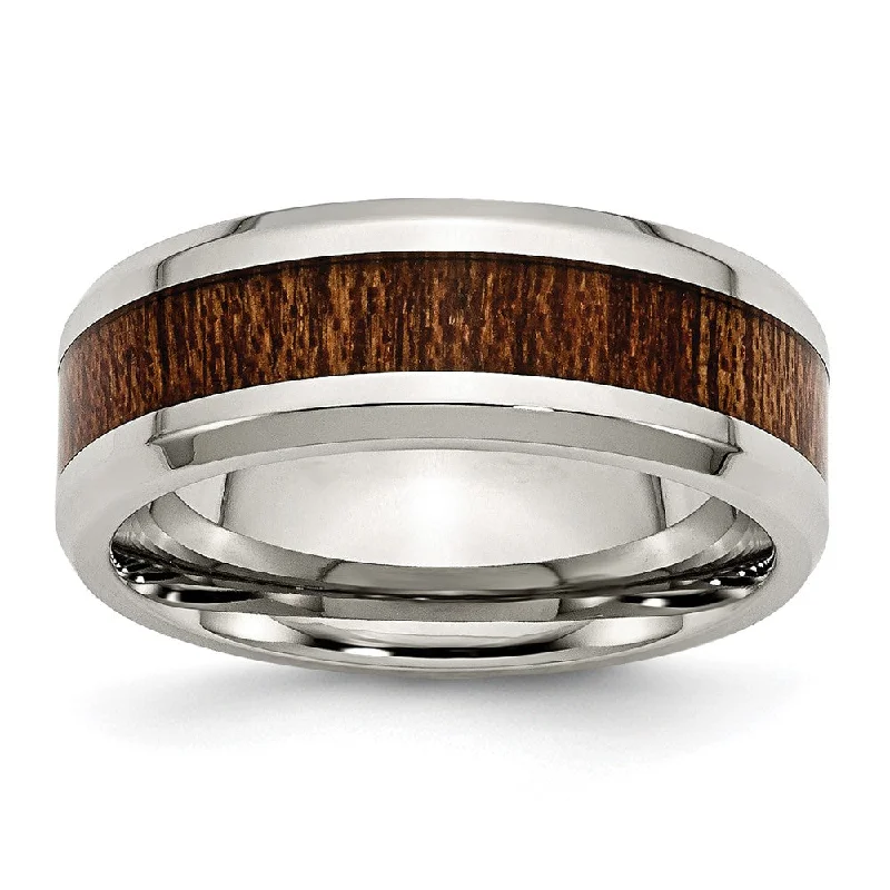 Women's rings luxe-alloy-Men's 8mm Stainless Steel Brn Koa Wood Enamel Beveled Comfort Fit Band