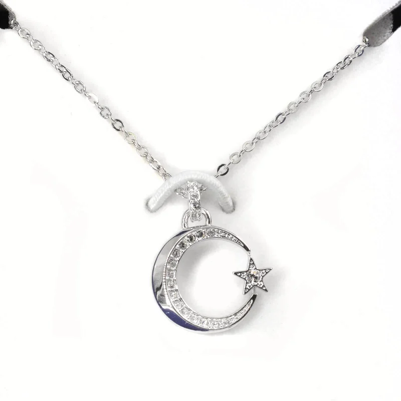 Women's necklaces radiant-charm-Swarovski Crystal Crescent Moon and Star Silver Pendant Necklace | 5431860