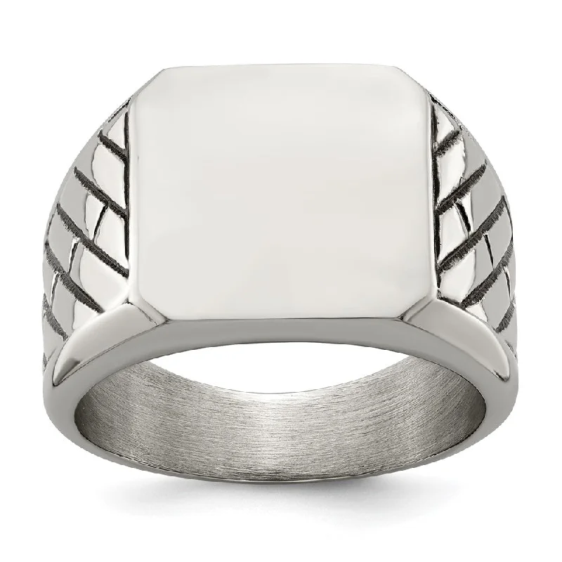 Women's rings casual-luxe-Men's 14.5mm Stainless Steel & Black Enamel Tapered Signet Ring