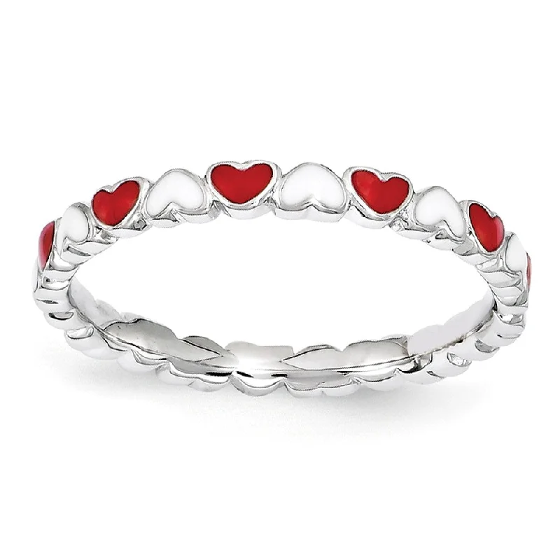 Women's rings angular-twist-2.5mm Sterling Silver Stackable Red & White Enamel Heart Band