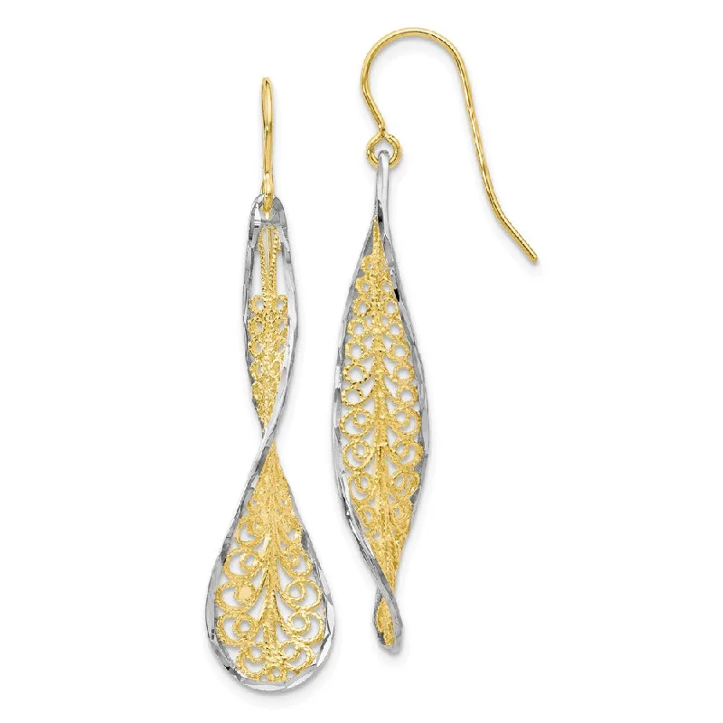 Women's earrings fine-crystal-Twisted Filigree Dangle Earrings in 10k Yellow Gold & White Rhodium